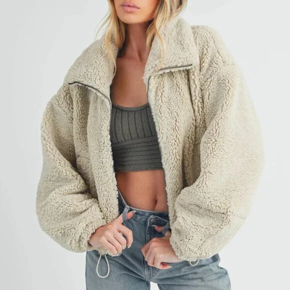 Oversized Sherpa Zip Jacket Teddy Fleece Cropped Coat - Picture 1 of 4